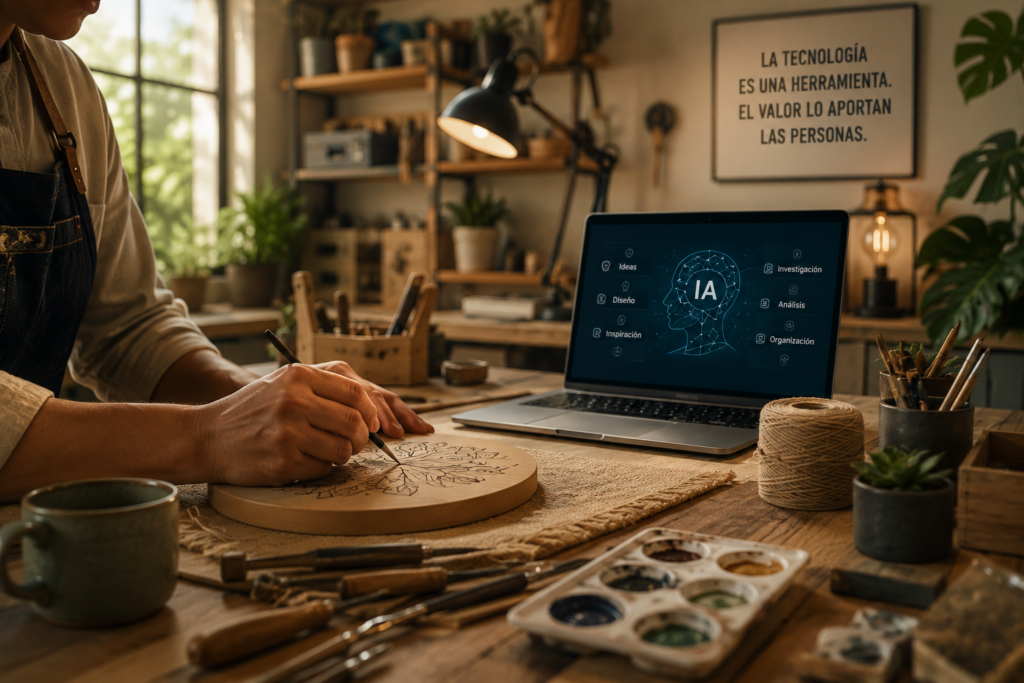 Persona desarrollando una habilidad práctica mientras utiliza herramientas digitales modernas, representando la convivencia entre inteligencia artificial, conocimiento humano y trabajo especializado.