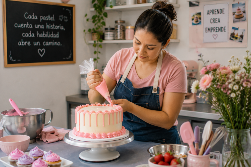Mujer aprendiendo técnicas de decoración de pasteles mientras desarrolla una habilidad práctica con potencial para generar ingresos.