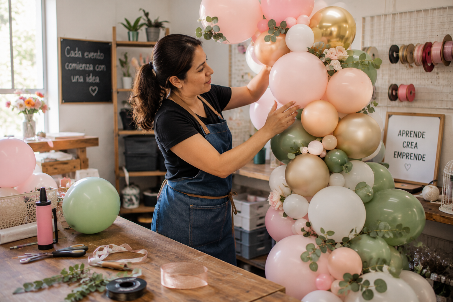 Mujer aprendiendo decoración con globos mientras desarrolla una habilidad práctica que puede convertirse en una fuente de ingresos.