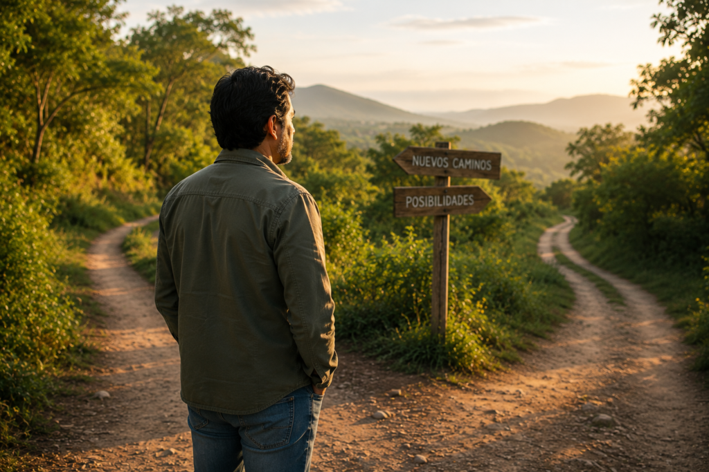 Hombre observando distintos caminos en un entorno natural mientras reflexiona sobre las decisiones y posibilidades que surgen en tiempos de cambio.