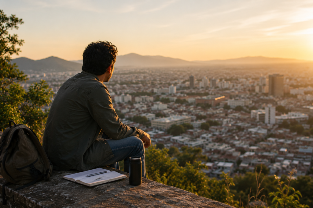 Hombre observando una ciudad desde las alturas mientras reflexiona sobre oportunidades que suelen pasar desapercibidas para la mayoría de las personas.