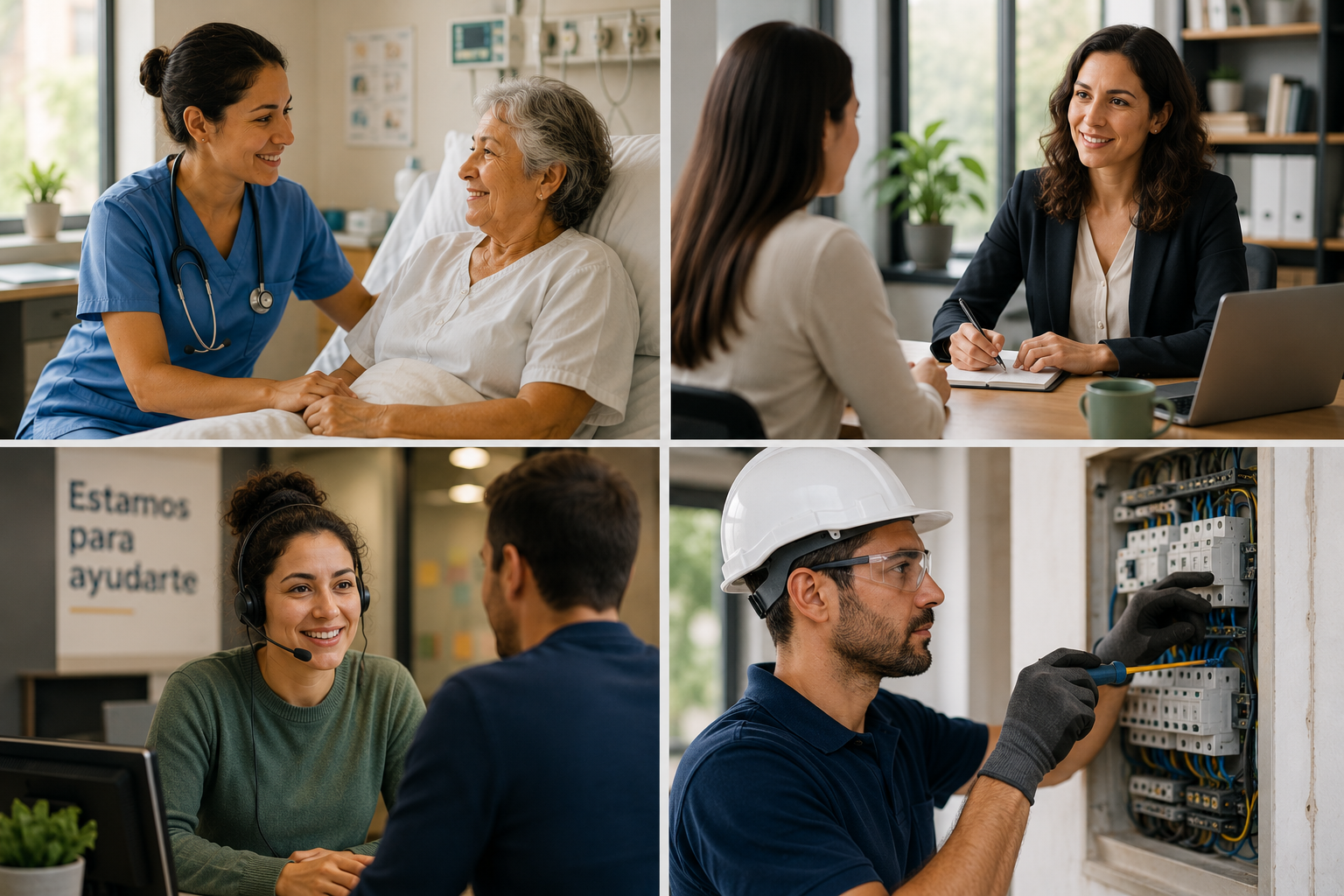 Mosaico de cuatro escenas que muestran una enfermera atendiendo a una paciente, una entrevista profesional, atención al cliente y un electricista trabajando, representando capacidades humanas que siguen siendo importantes en la era de la inteligencia artificial.