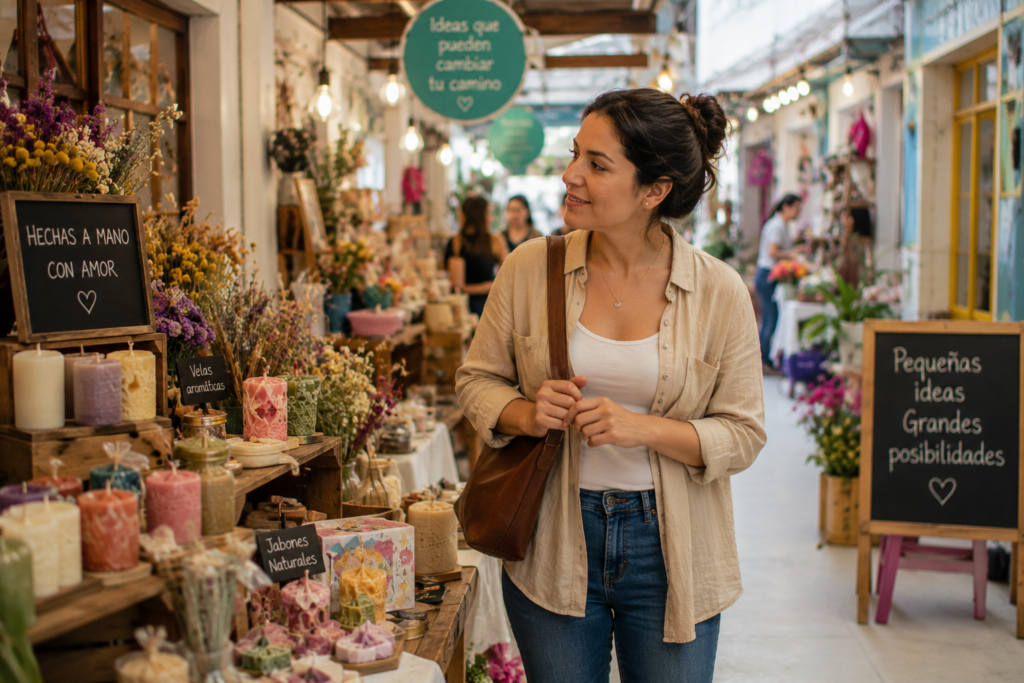 Mujer recorriendo un mercado de productos artesanales mientras descubre nuevas actividades y oportunidades económicas que antes no había considerado.