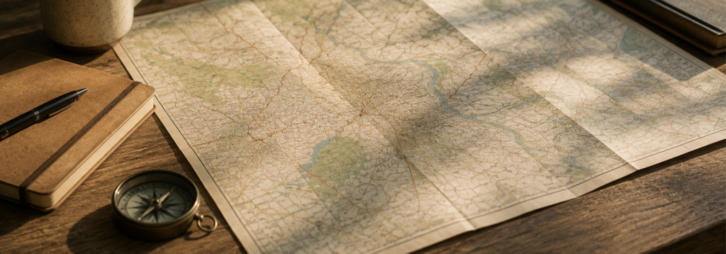 Mapa desplegado sobre una mesa junto a una libreta, libros y una taza de café, iluminados por la luz natural de una ventana. La imagen representa la búsqueda de orientación, comprensión y nuevas posibilidades en tiempos de cambio.