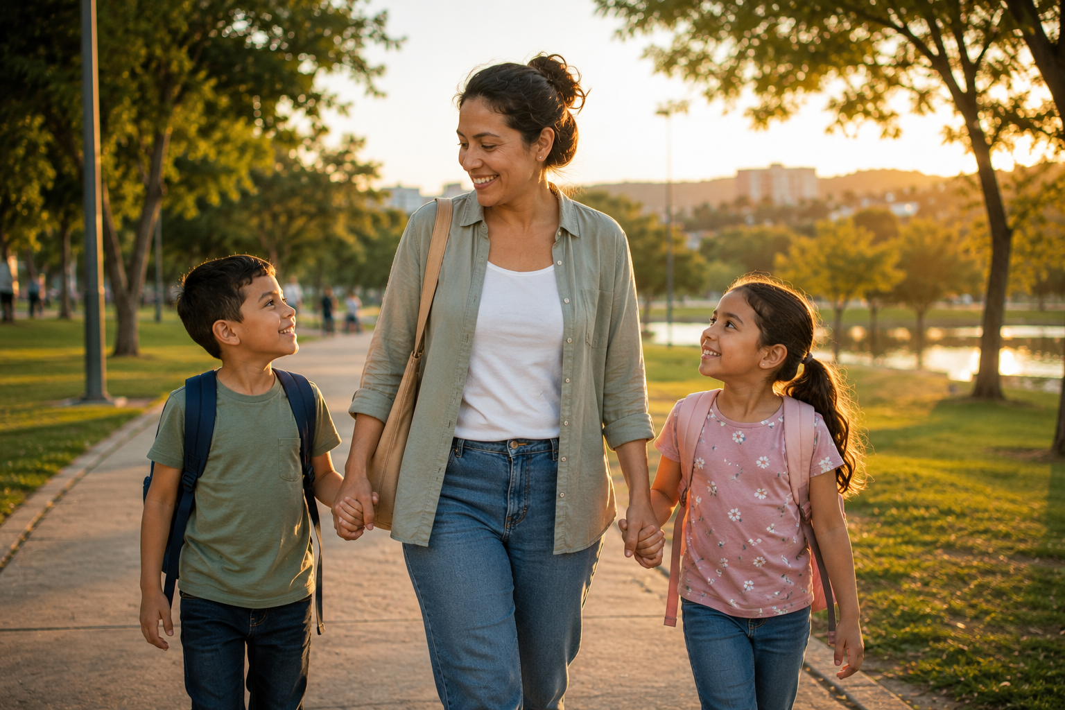 Madre caminando con sus hijos en un parque mientras disfruta tiempo en familia y una vida más equilibrada.