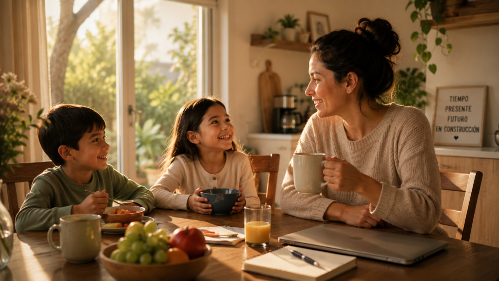 Madre compartiendo tiempo con sus hijos en casa mientras construye una vida familiar y económica más equilibrada.