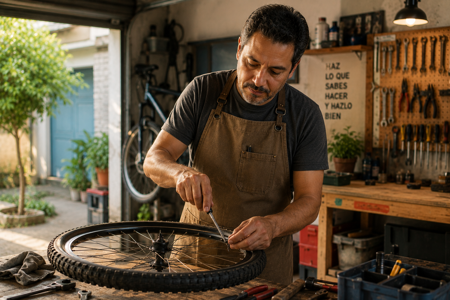 Hombre utilizando sus habilidades prácticas en un pequeño taller mientras explora nuevas formas de generar ingresos.