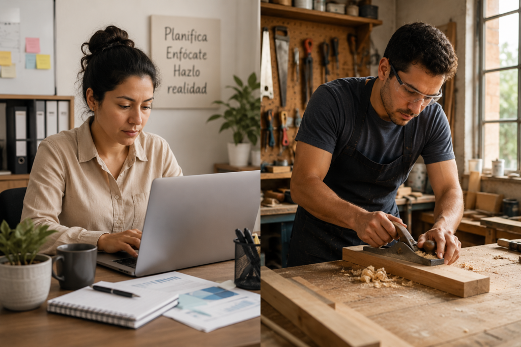Comparación entre una mujer realizando trabajo administrativo frente a una computadora y un hombre realizando carpintería en un taller, mostrando cómo la inteligencia artificial afecta de manera distinta distintos tipos de trabajo.