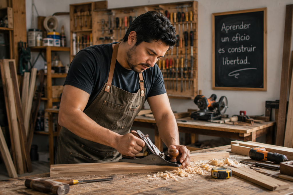 Hombre aprendiendo carpintería en un taller mientras desarrolla una habilidad práctica con potencial para generar ingresos y nuevas oportunidades laborales.