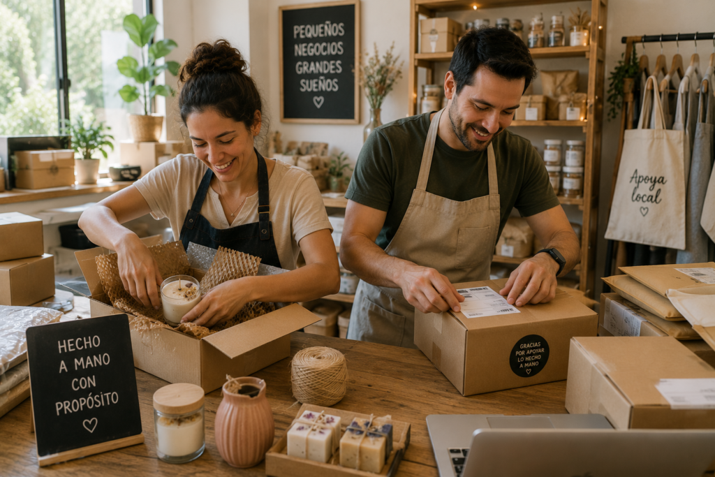 Hombre y mujer preparando pedidos de productos artesanales para envío en un pequeño emprendimiento, mostrando cómo las habilidades prácticas pueden convertirse en nuevas oportunidades económicas.