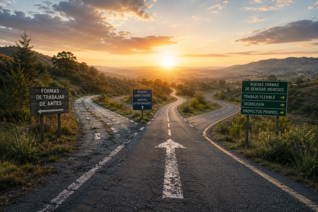 Carretera que se transforma en múltiples rutas mientras conserva parte de su trazado original, simbolizando cómo las formas de trabajar, generar ingresos y construir estabilidad están cambiando con el tiempo.