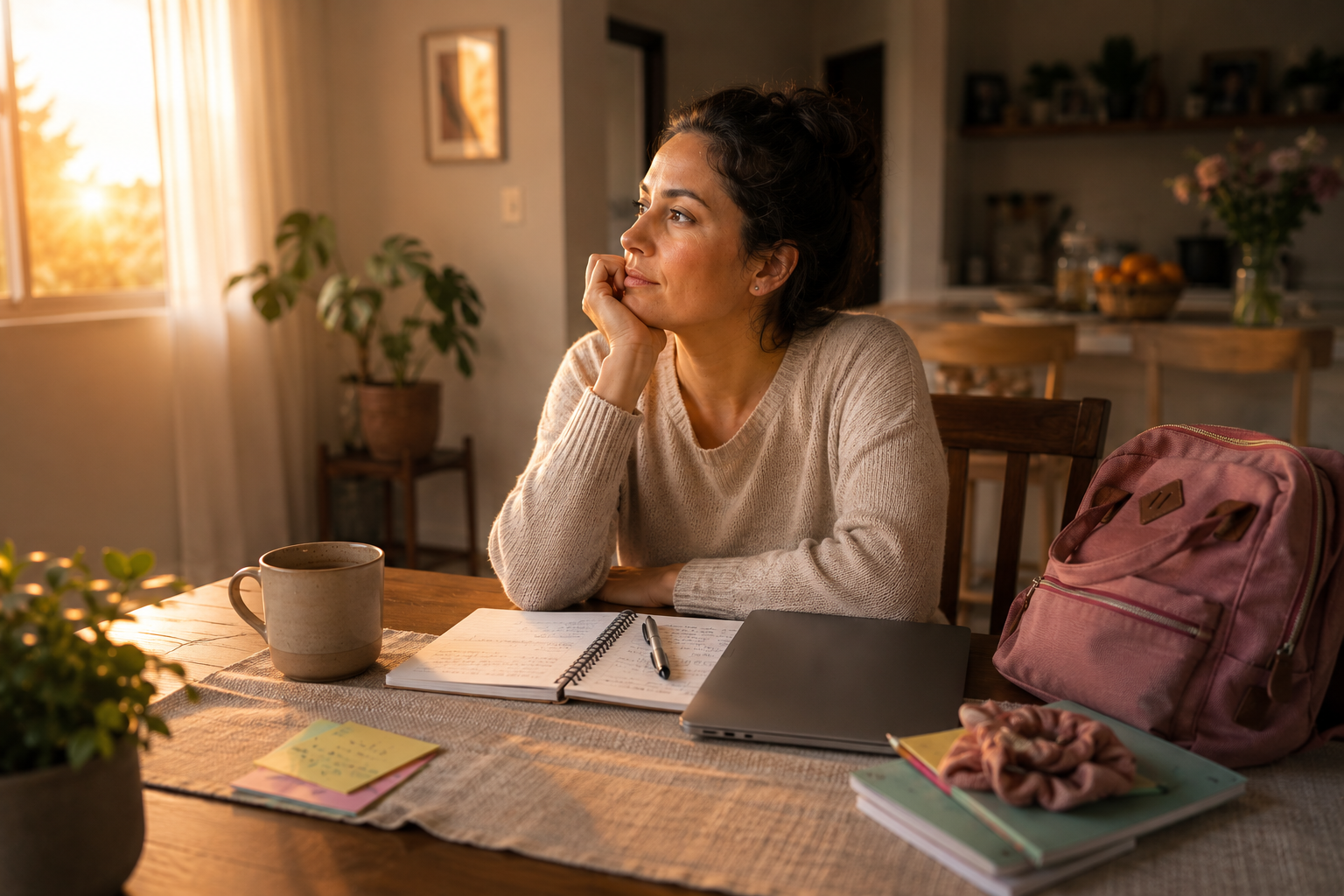 Mujer reflexionando en la mesa de su hogar mientras busca equilibrar trabajo, familia y estabilidad económica.