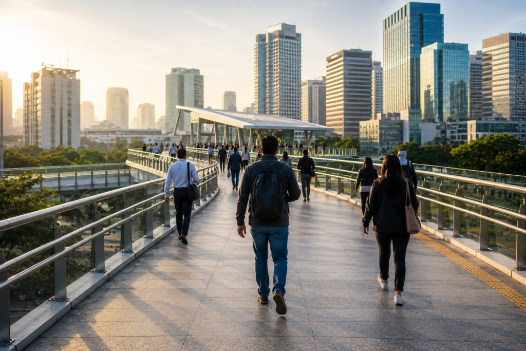 Personas caminando por una pasarela urbana moderna mientras se adaptan a nuevas formas de trabajar, vivir y tomar decisiones.