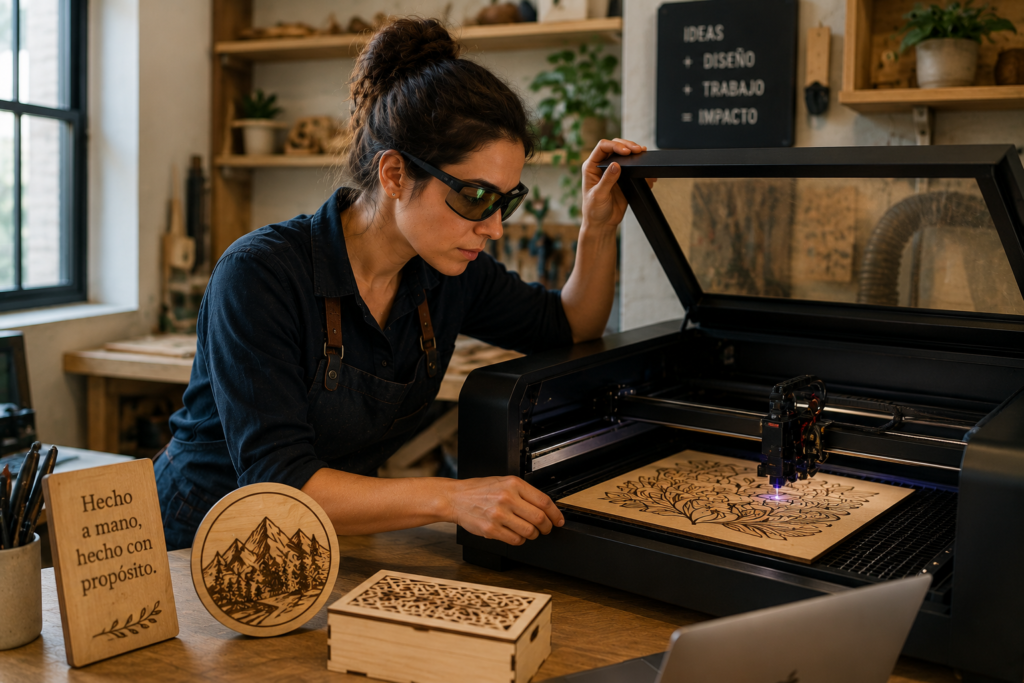 Mujer utilizando una máquina de grabado láser para fabricar productos personalizados, representando oficios que combinan creatividad, tecnología y habilidades prácticas.