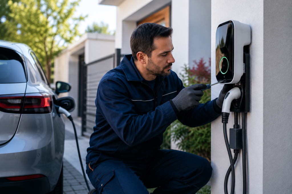 Técnico instalando una estación de carga para vehículo eléctrico en una vivienda, representando nuevos oficios que surgen a partir de los cambios tecnológicos y energéticos.