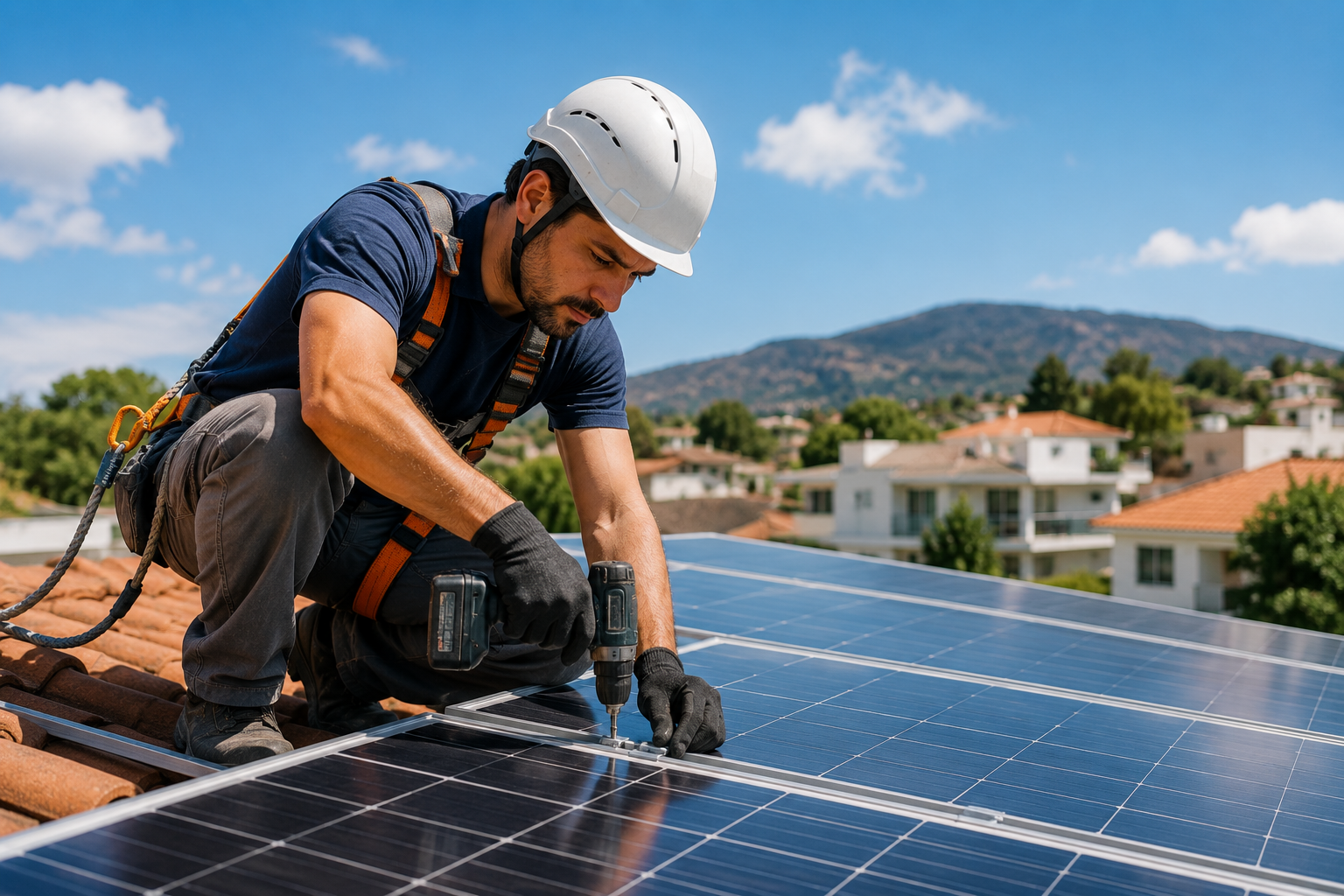 Técnico instalando paneles solares en una vivienda, representando oficios que combinan habilidades prácticas y nuevas necesidades tecnológicas en una economía cambiante.