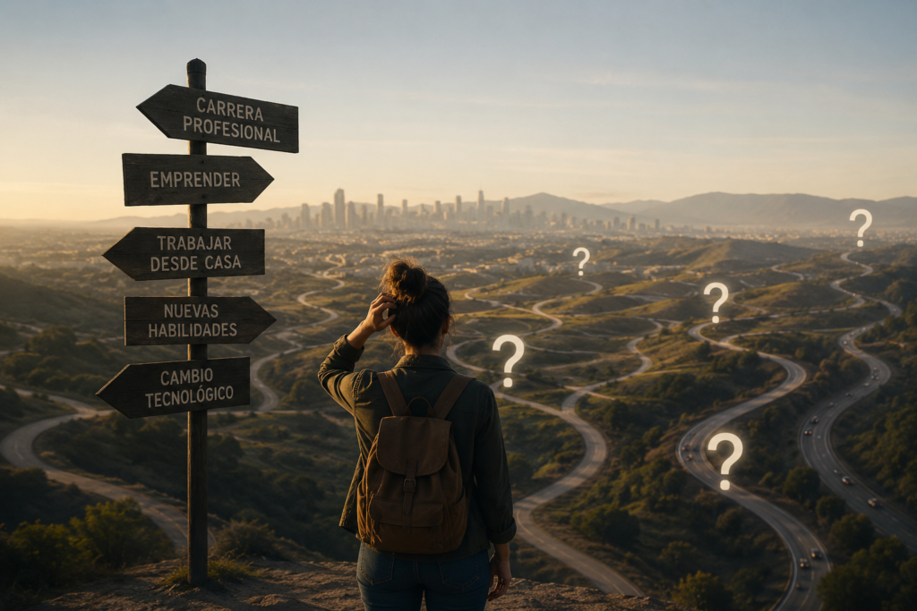 Persona observando múltiples caminos y señales en un paisaje amplio mientras intenta orientarse entre diferentes posibilidades profesionales, económicas y personales en un entorno de cambio constante.