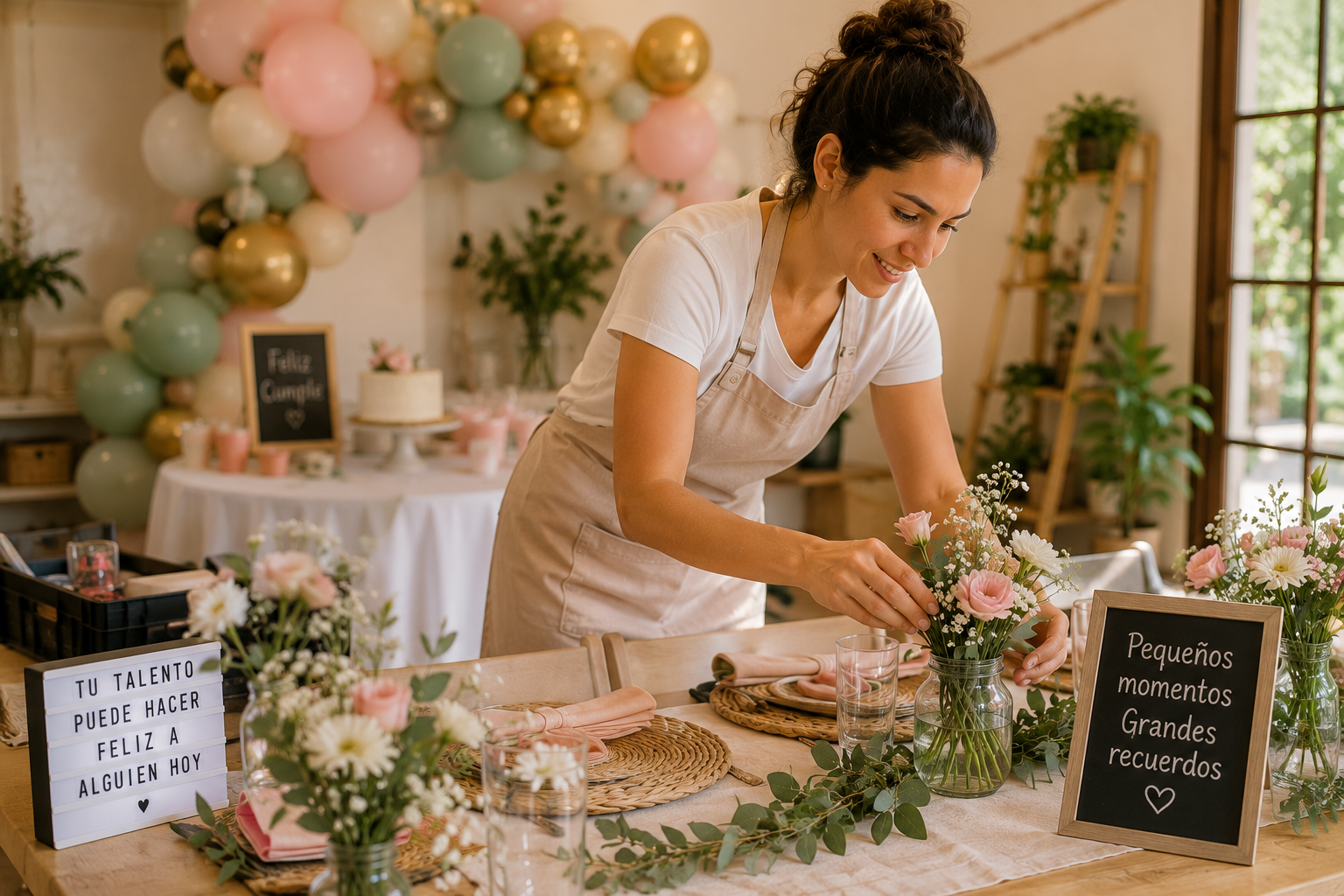 Mujer preparando la decoración de una celebración familiar, representando cómo muchas personas están convirtiendo habilidades prácticas en servicios locales que otras personas valoran y contratan.